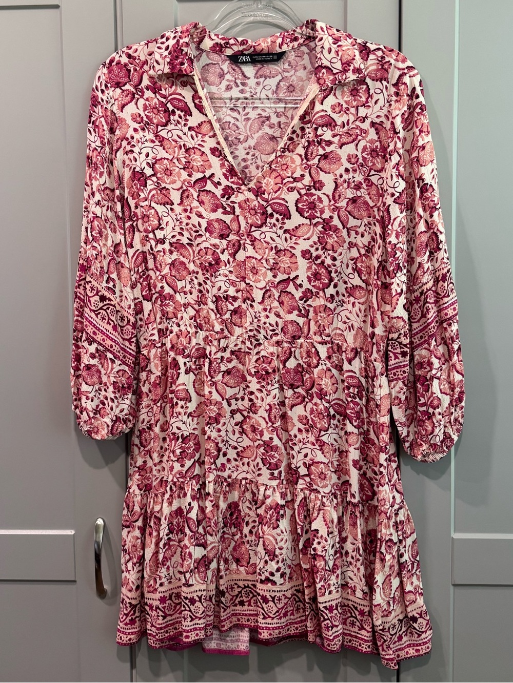 Zara Pink Floral V-Neck Tiered Mini Dress